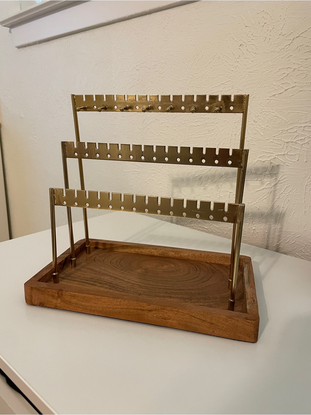 Tiered Earring Display with Wood Base - Brass Finish